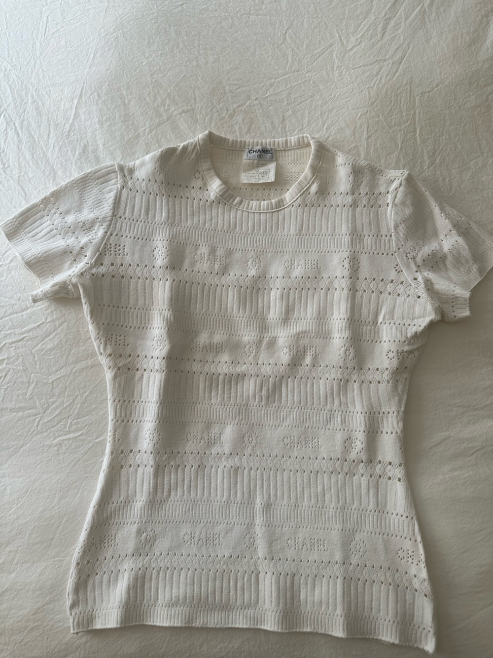 CHANEL Cream Openwork Short-Sleeve Knit Top